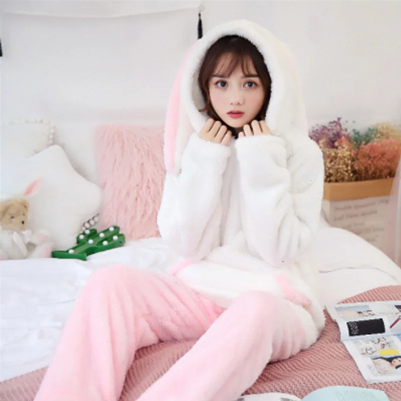 White And Pink Ear Женская пижама, утолщенная зимняя теплая Пижама, комплект с рисунком животных, домашняя одежда с капюшоном, Фланелевая пижама, женский домашний костюм - Цвет: White And Pink Ear