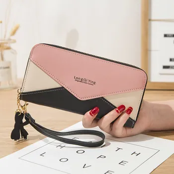 

New wallet ladies long zipper wallet female students trend splicing hit color tassel envelopes hold mobile phone bag