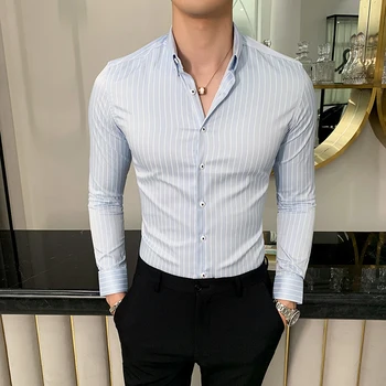 

High Quality Men Dress Shirt Long Sleeve Vertical Stripes Shirt Men Slim Fit Casual Formal Wear Business Shirts Men Clothes 2019