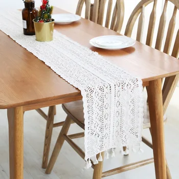 

Newly Table Decorations Table Runner Cotton Lace Narrow Tablecloth with Tassel for Vintage Country Wedding Party Bridal