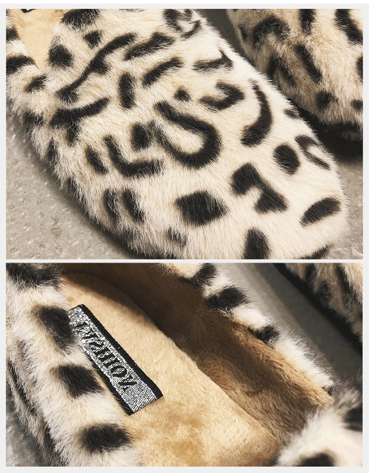 Женская зимняя обувь с леопардовым принтом; теплые плюшевые меховые тапочки мюли для беременных; удобные слипоны; мокасины; лоферы; женские разноцветные туфли без подъема стопы