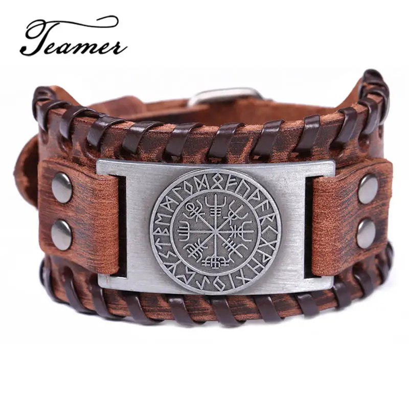 Teamer нордическая Руна Vegvisir подвеска компас браслет викинга из натуральной кожи