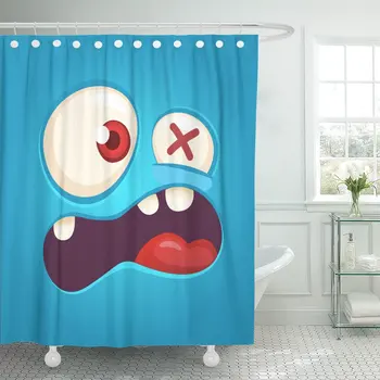 

Colorful Cartoon Angry Monster Face Halloween Blue Scared Mask Shower Curtain Waterproof Polyester Fabric 72 x 78 inches Set wit
