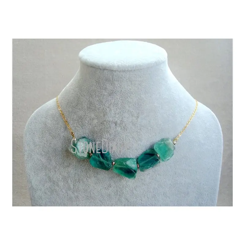 

H-QN74 Raw Rough Green Fluorite Crystal Quartz Nugget Statement Necklace Gold or Silver
