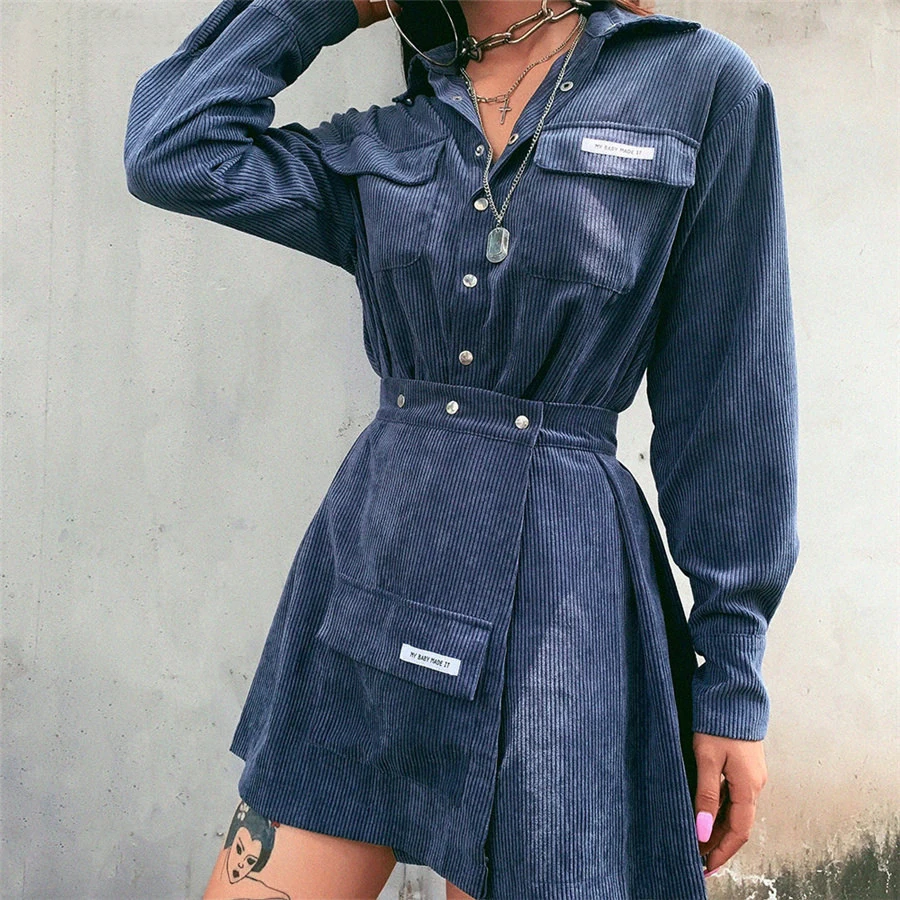 

Two Piece Set Autumn Streetwear Corduroy Women Two Piece Outfits Top And Skirt Matching Sets Long Sleeve Blouse And Mini Skirt