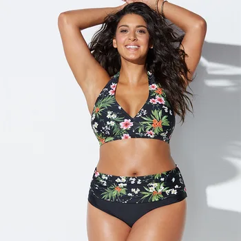

2019 New Plus Size Print Swimsuit Sexy Push Up Beach Bathing Halter Low Cut Swimwear Bikini Bathing Suit Women XXXXL