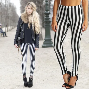 

Hot sale classic black / white striped digital printing sexy leggings women's plus size sports running yo-ga pants cropped pants
