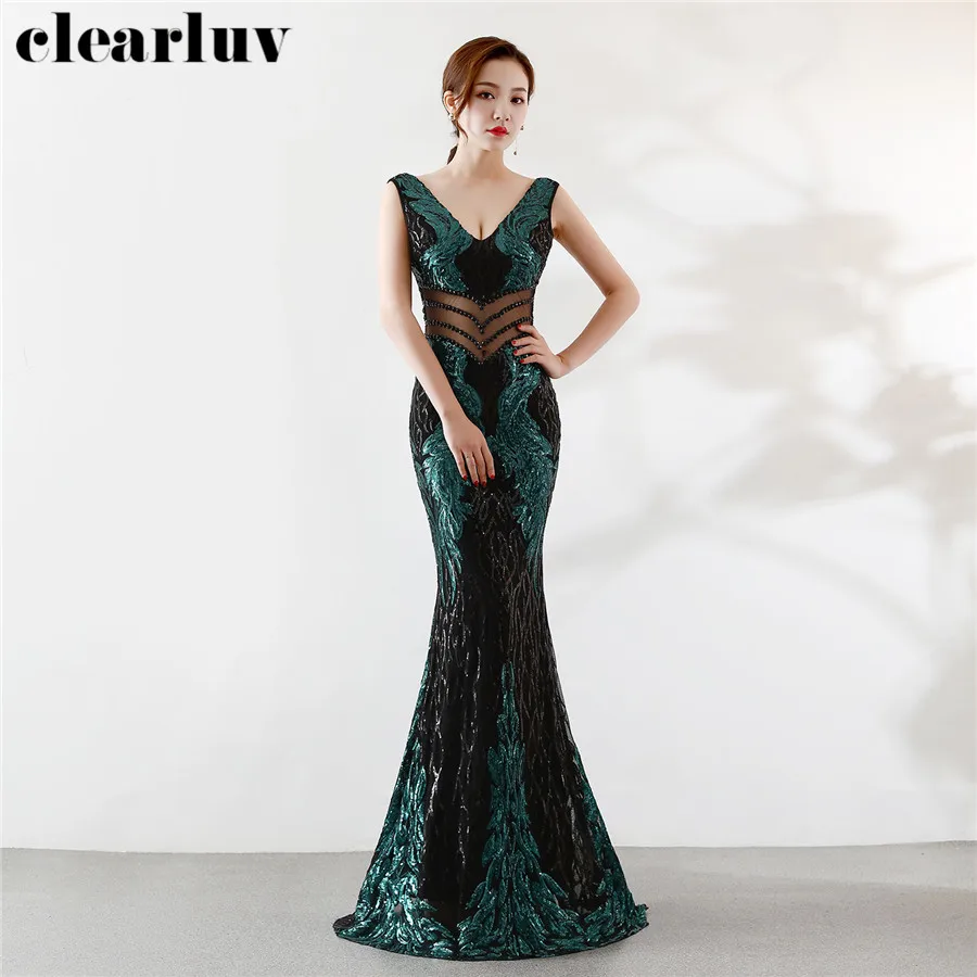 

Elegant Evening Dress Dark Green Crystal Robe De Soiree DX317-2 Sexy Deep V-Neck Prom Dresses 2020 Plus Size Sequins Party Gown