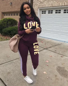 

RAISEVERN Plus Size Autumn Winter Fashion Tracksuit Women LOVE Letter Printed Coat with Hood Two Pieces Set Hoody Long Pant Suit