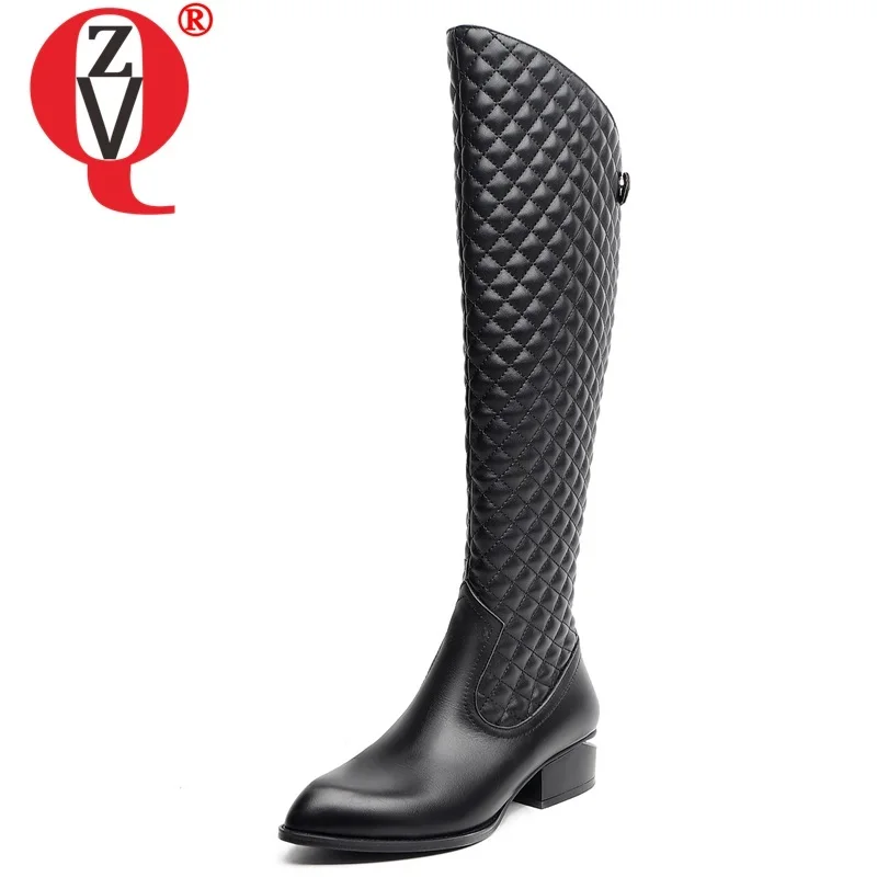 

ZVQ winter new fashion knee high boots outside mid heels pointed toe genuine leather zip women shoes drop shipping size 33-40