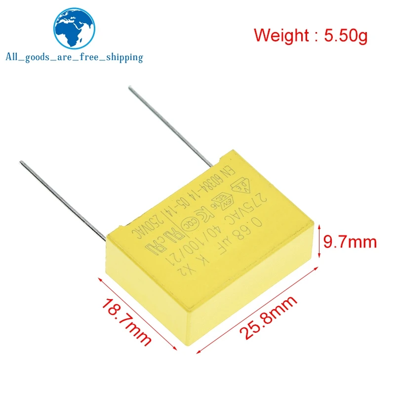 10/30 Stück 0,68uF Kondensator X2 Kondensator 275VAC 680NF Abstand 22mm X2 Polypropylen-Folienkondensator 0,68uF – Detail 1