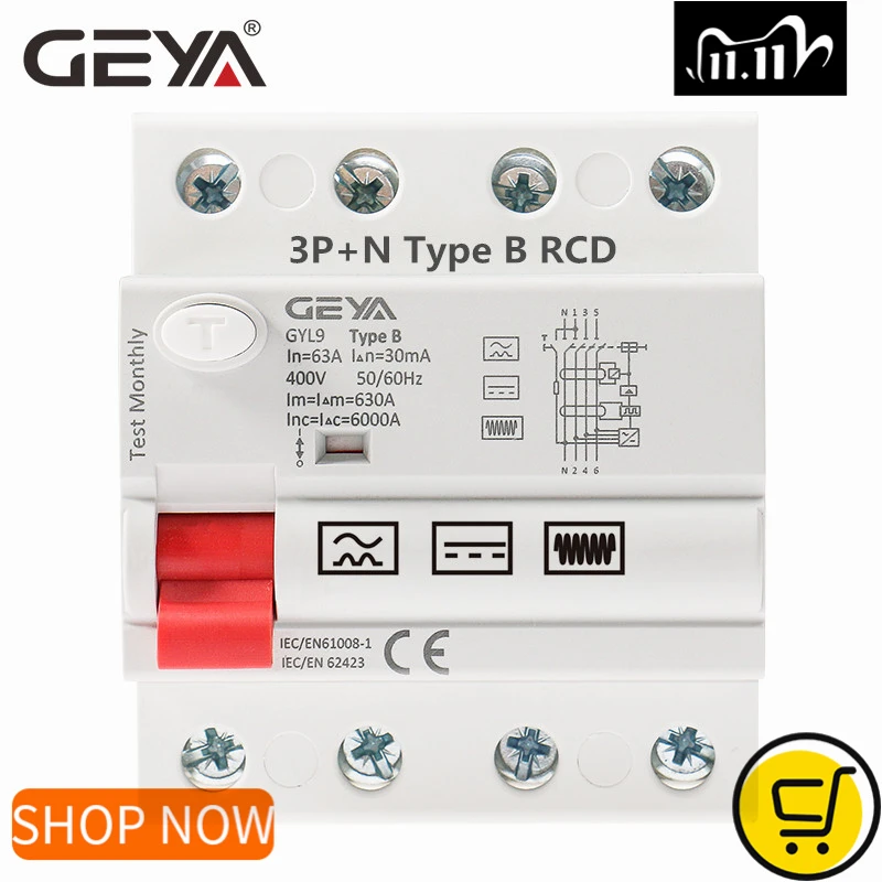 GEYA Din Rail Earth Leakage Current breaker DC RCCB RCD 4P 63A 30mA 300mA Type B 10KA