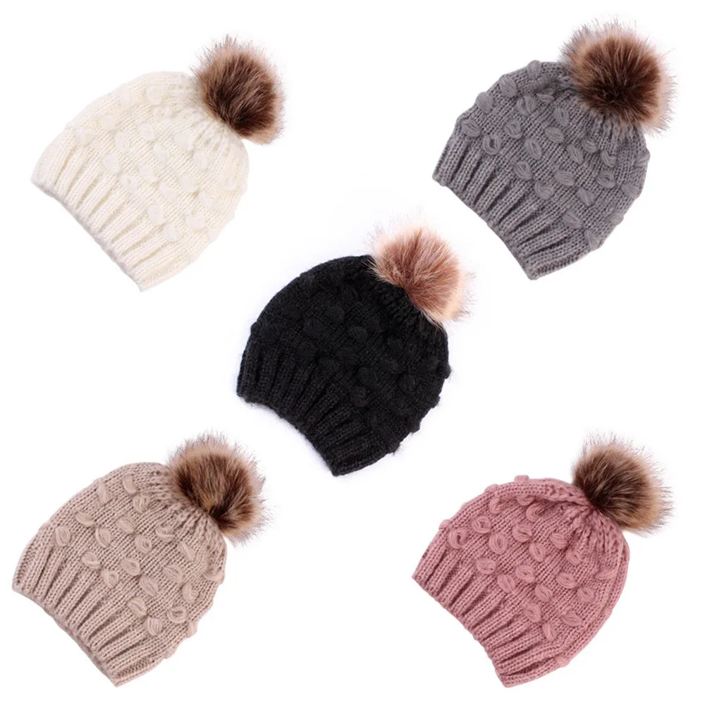 Милые детские шапки для маленьких мальчиков и девочек, зимний теплый вязанный вязаный головной убор года, брендовая шапочка мех, помпон, детская шапка s