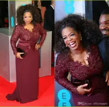 

Oprah Winfrey Burgundy Long Sleeves Mother of the Bride Dresses V-Neck Sheer Lace Sheath Plus Celebrity Red Carpet Evening gown