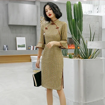 

Plaid Yellow Cheongsam Women Vintage Button Sexy Qipao Large Size Women Vestidso Mandarin Collar Half Sleeve Evening Party Dress