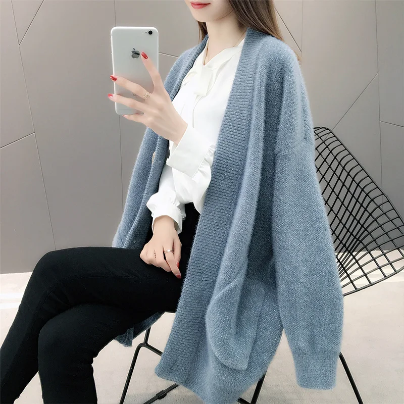 

2019 New Autumn Long Jacket Sweater Coat Cardigan Imitation Mink Cashmere V neck Loose Knit Women Coat Female Overcoat AN343