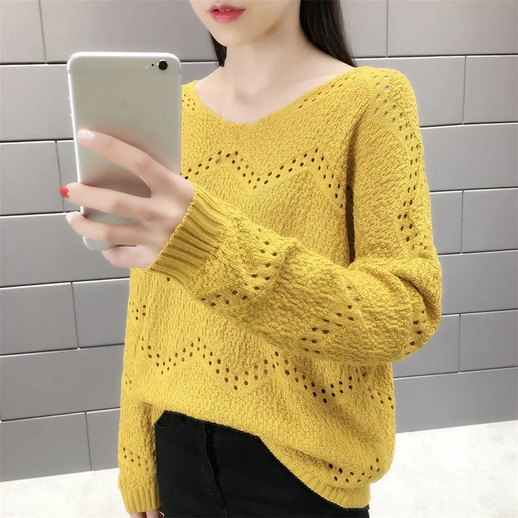 Jaycosin Fashion Women Casual Simple Long Sleeve Knitting V-Neck Sweater Stylish Comfortable Bottoming Hollowed Out Sweater