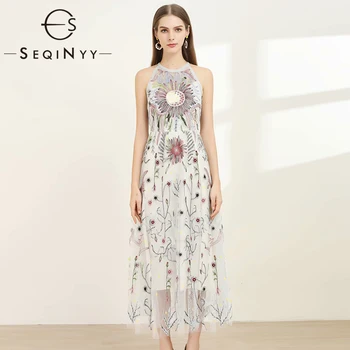 

SEQINYY Ligh Blue Dress 2020 Summer Spring Sexy New Fashion Design Women Sleeveless Flowers Embroidery A-line Long Dress