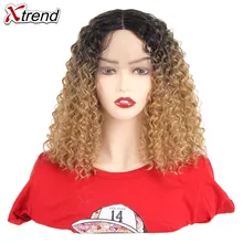 Xtrend афро кудрявый синтетический парик на кружеве для черных женщин 14 дюймов Ombre парики серый коричневый красный блонд 613 цветов средняя часть