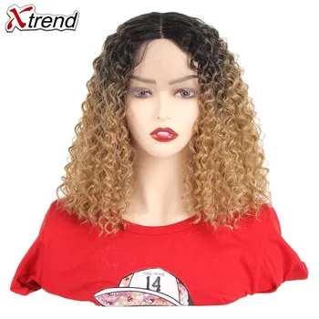 

Xtrend Afro Curly Synthetic Lace Front Wig For Black Women 14inch Ombre Wigs Grey Brown Red Blonde 613 colors Middle Part