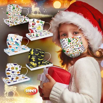 

50pcs Mix Kids Children Christmas Cartoon Mouth Mask Disposable Dust Proof Three Layer Unisex Lovely Print Face Mask Mascherina