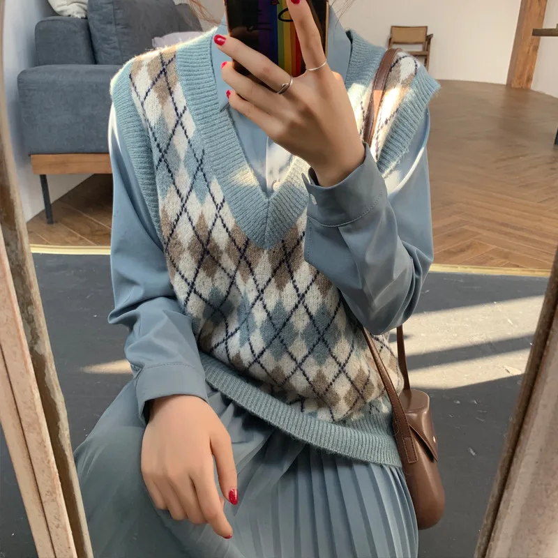 Mozuleva Korean Women Plaid Knitted Sweaters Vest Chic Female V-neck Loose Pullovers Ladies Warm Tops Jumpers Autumn