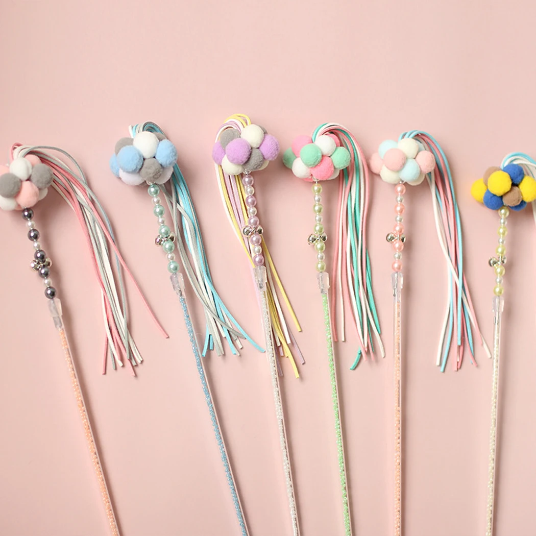 Cat Teaser Wand Beaded Kitten Teaser Stick Cat Interactive Toy Colorful Pet Tassel Wand With Pompom And Bell Pet Supplies