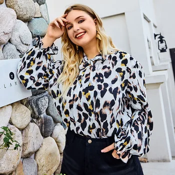 

New Plus Size Casual Leopard Print Dip Hem Shirt Blouse Women Spring Autumn Layered Hem Office Lady Long Tops and Blouses