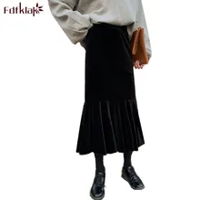 Fdfklak Осенняя зимняя сетчатая красная юбка женская новая волна ретро дикая юбка с высокой талией средней длины золотые бархатные юбки рыбий хвост jupe femme