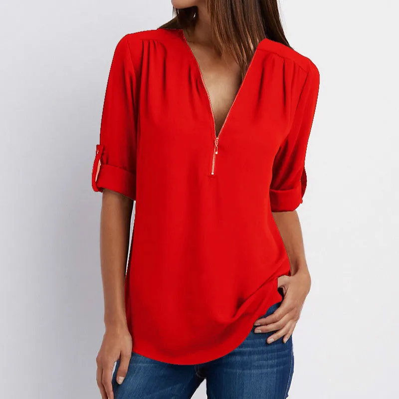 Cremallera de manga corta Camisas de mujer 2021 Sexy V cuello sólido Tops y blusas para mujer Casual Tee camisas Tops ropa de mujer de talla grande