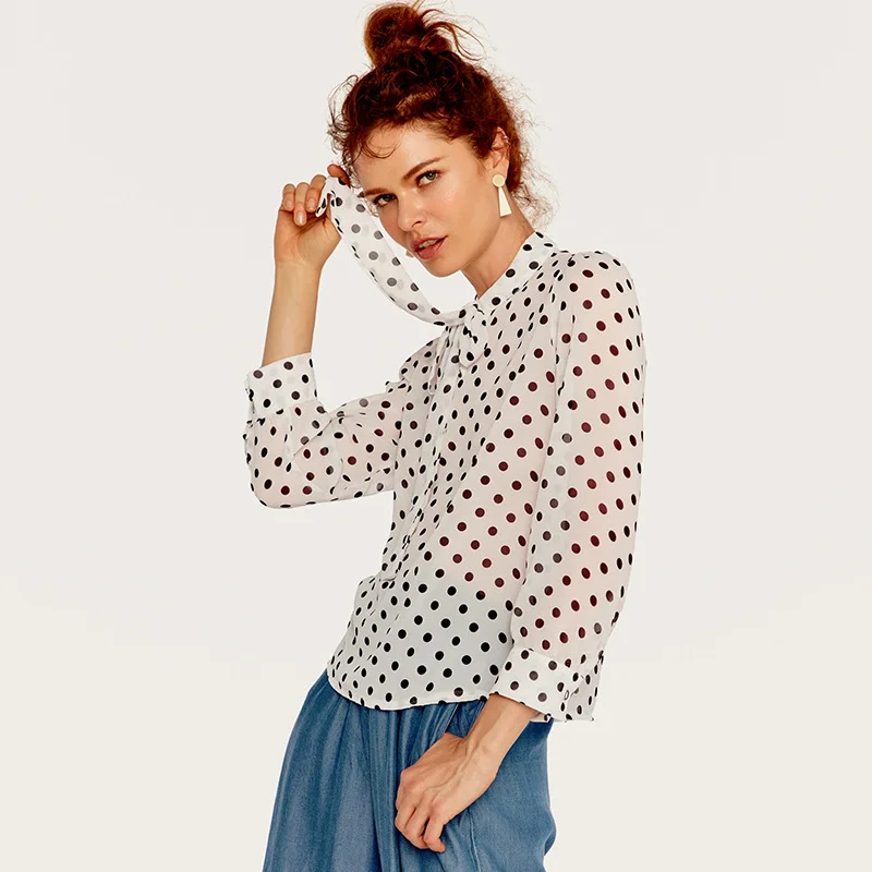 2019 женская шифоновая рубашка в горошек с бантом на шее винтажная блуза длинным