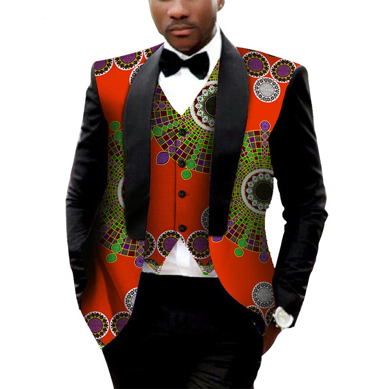 

African Men Batik Print Causal Blazer Vest 2pcs Clothing Sets 2020 New Traditional Man Slim Suit For Wedding Party Wear