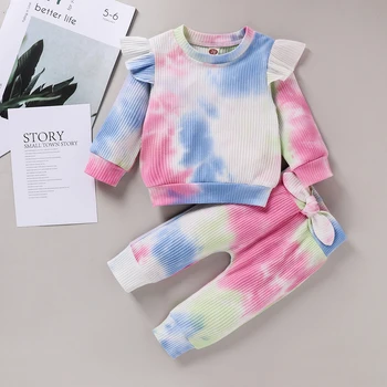

2020 Autumn Baby 2Pcs Clothes Set Baby Girl Fall Outfits Tie Dye Print Long Sleeve Ruffle T-Shirt + Bowknot Pants Set