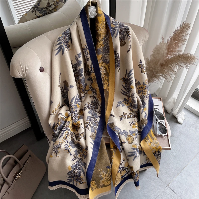 Grueso invierno cálido manta de Cachemira Bufanda mujer estampado geométrico Pashmina Poncho chal envuelve con borla Bufanda Casual_voghion.com