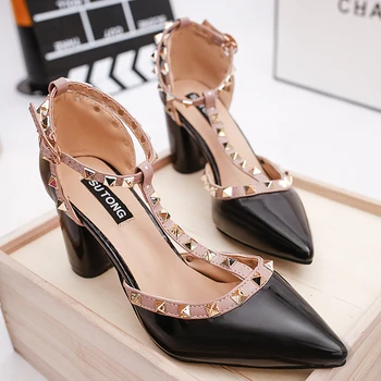 

Sexy Comfort High Heels Korean Rivet Hollow Pointed Female Single Shoes Fashion Shallow Mouth Work Shoe Thick-With Womens Pumps