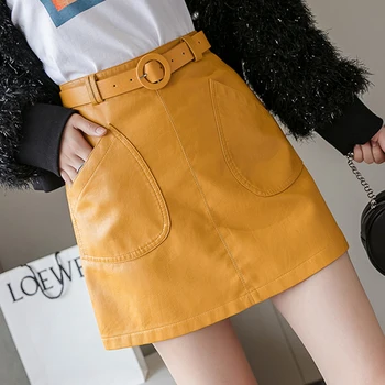 

Korean Sexy High Waist mini Skirts 2020 Womens Autumn Winter Fashion Pockets PU Black A-line Leather Skirt Women Clothing