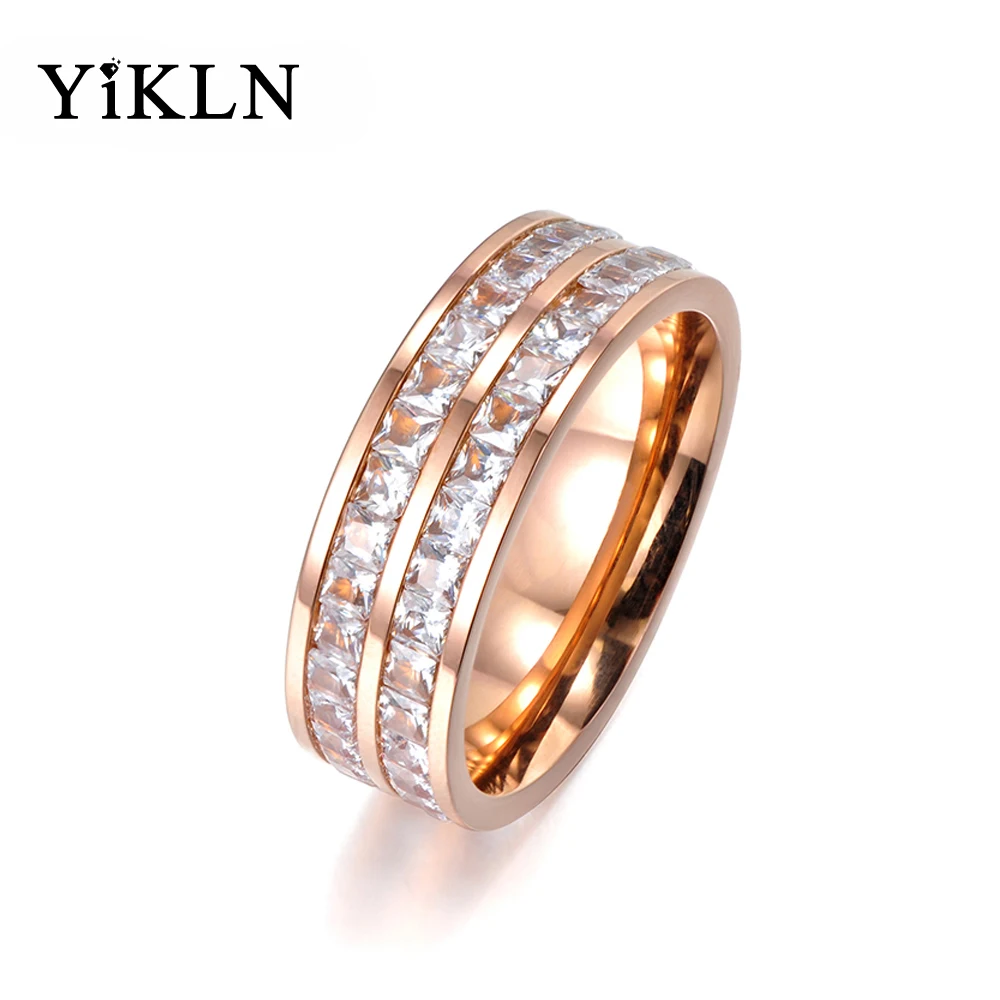 

YiKLN Luxury Design Multilayer Pave Two Row Cubic Zirconia Crystal Ring Rose Gold Titanium Steel Wedding Rings For Women YR17050