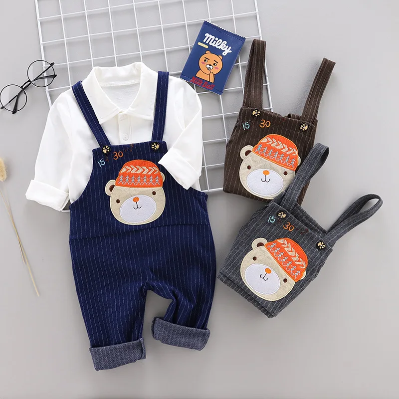 

Fashion Shirt Cartoon Stripes Casual Korean-style Suspender Pants 2019 Spring Clothing New Style Children Set