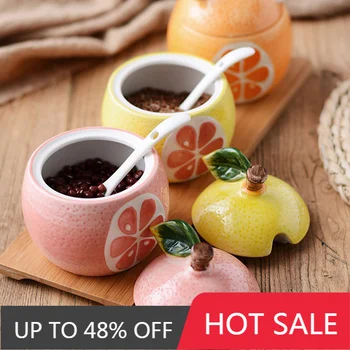 

Ceramic Seasoning Jar Spice Bottle Set Creative Fruit Shape Salt and Pepper Seasoning Bottle with Spoon Kitchen Storage Tank