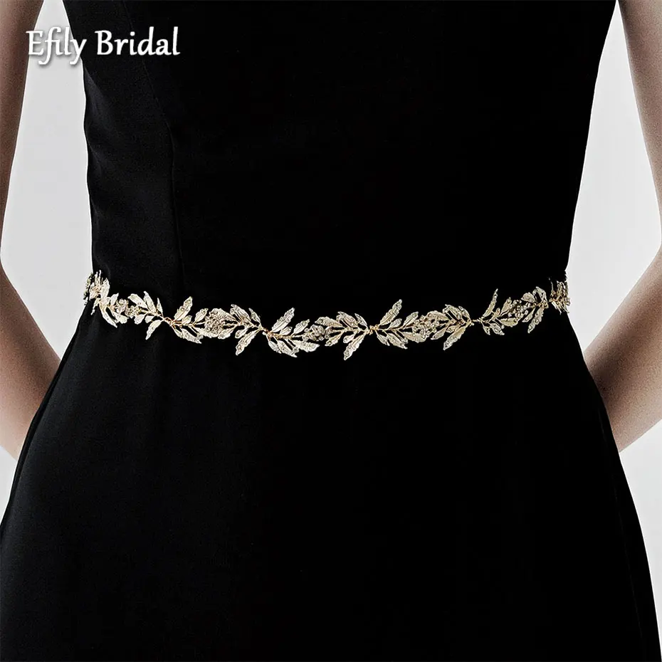 Efily Rhinestone Leaves Wedding Belts and Sashes Handmade Dress Accessories Crystal Bridal Belt for Women Bride Bridesmaid Gift