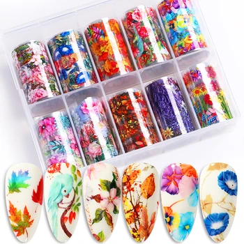 

10Rolls Beautiful Maple Leaves Lavender Nail Foil Stickers Flowers Butterflies Transfer Decals Paper Nail Art Decorations