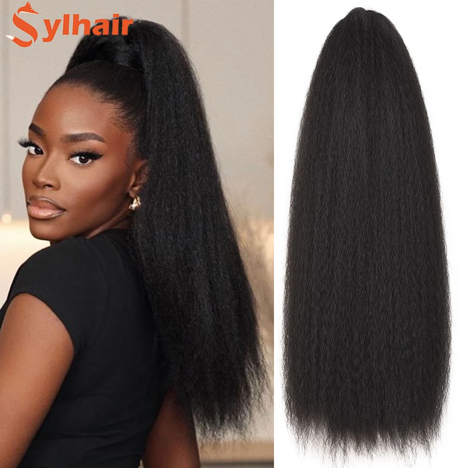 Long Afro Puff Ponytail Hair Kinky Natural Hair Synthetic Kinky Straight Drawstring Ponytails With Clip Elastic Band Sylhair