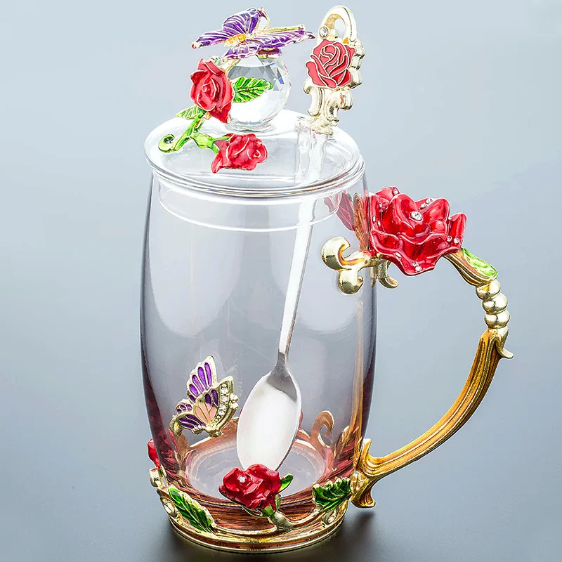 Beauty And Novelty Enamelled glass Coffee Cup Flower Tea Cups for Hot and Cold Drinks Teacup Spoon Set Perfect Fashion Gift - Цвет: Style L