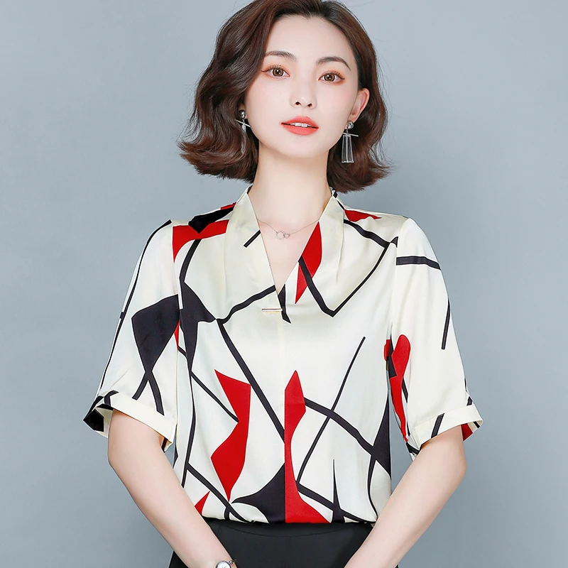 

Korean Heavy Silk Women Blouses Shirt Women Satin Silk Shirt Women Striped Satin Blouse Tops Plus Size Women V Neck Blouses Top