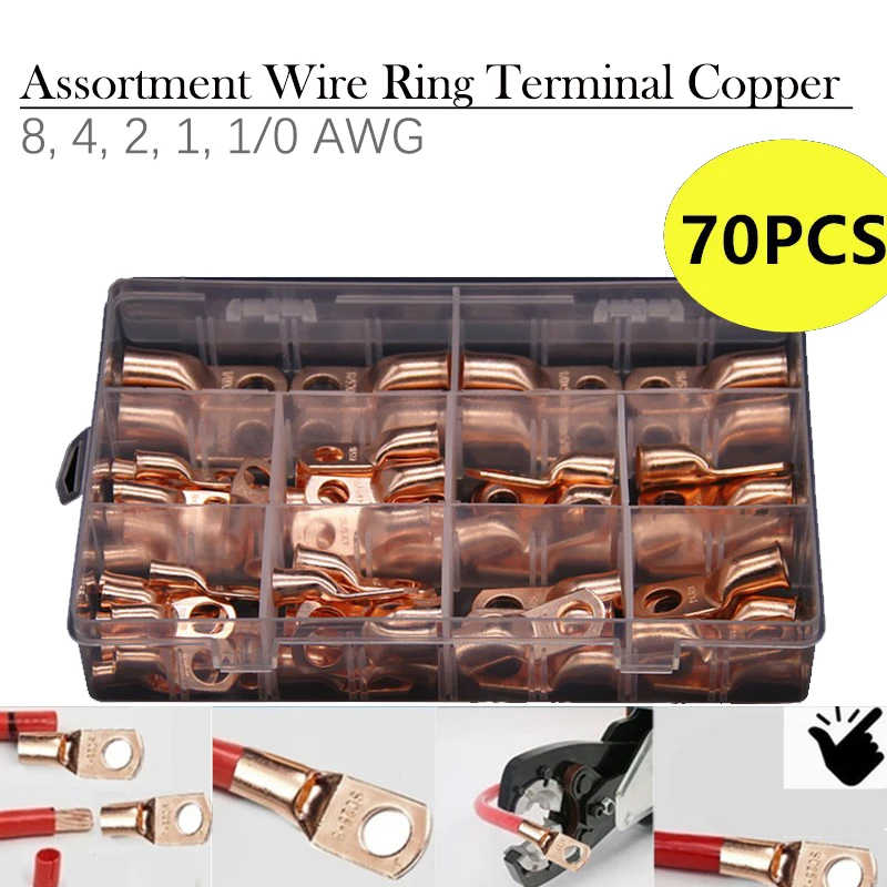 

50/70PCS Assortment SC Bare Copper Splice Crimp Terminals Electrical Cable Wire Lug Ring Connectors 8 4 2 0/1 AWG