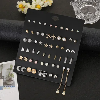 

30 pairs/set new fashion small mixed gold moon star stud earrings for women elegant pearl rhinestone wedding earring gift