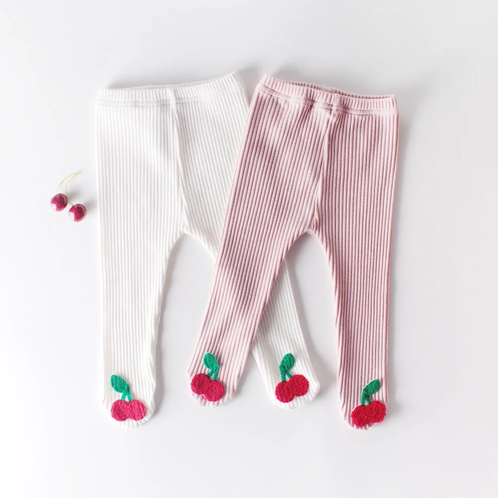 

Autumn winter leggings baby girls cherry design pattern white pink color girls cotton leggings