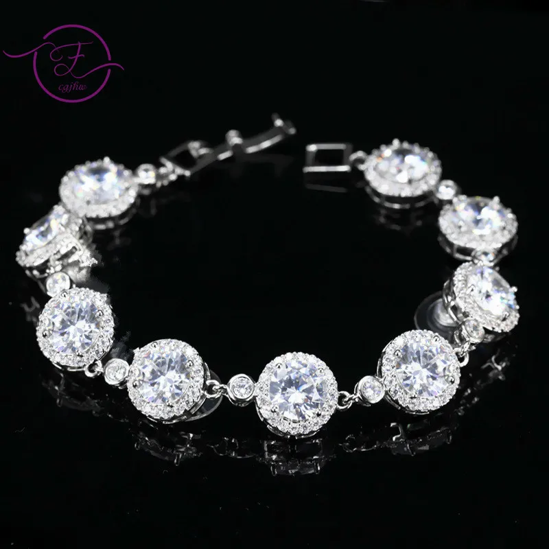 

Classic CZ Charm Bracelet Silver Chain Link Round White AAA Zircon Bracelets Bangles for Women Jewelry Birthday Party Gift