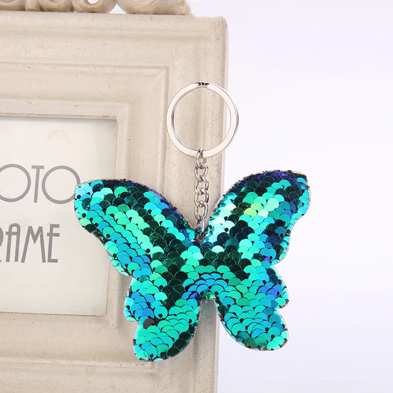 equin Butterfly Keychain Rainbow Pendant Lady sequins Ladies Bag Car Accessories Key Ring For Women Girl Jewelry | Украшения и