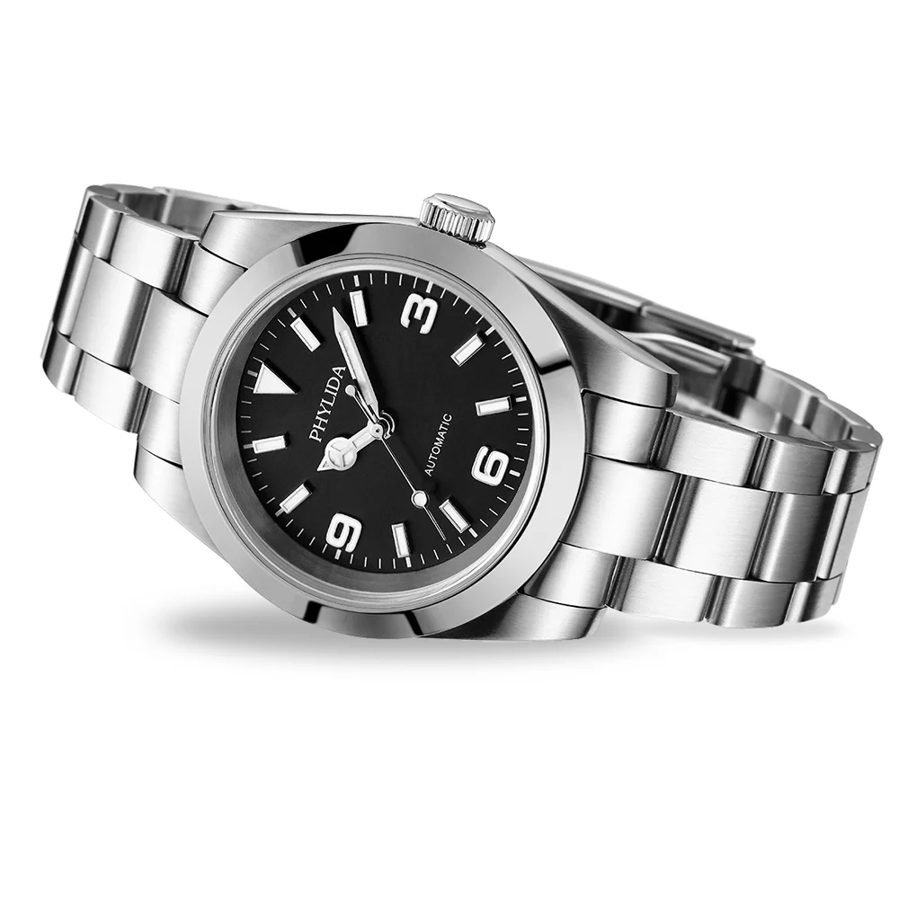 NEW 39mm Automatic Mechanical Luxury Watch Explore Black Dial 100M Water Resistant Brushed Bracelet